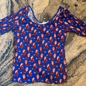 Anthropologie Blue Fox Print Long Sleeve Tee Top  large Novelty Classic Graphic